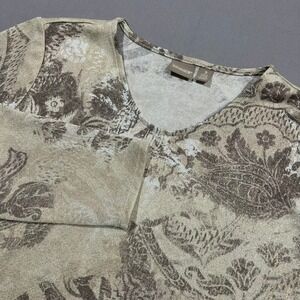 Chicos Knit Top Metallic Paisley Floral V-Neck Long Sleeve Gold Brown Women 3 XL